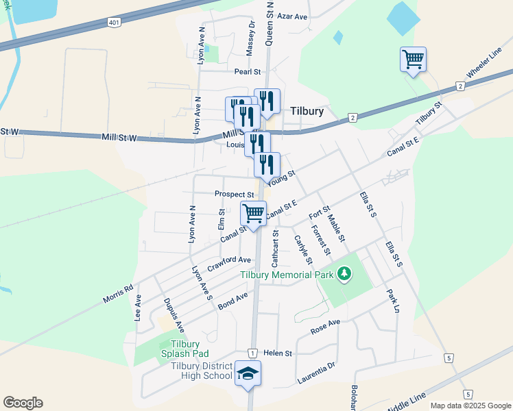 map of restaurants, bars, coffee shops, grocery stores, and more near 1 Queen Street North in Tilbury