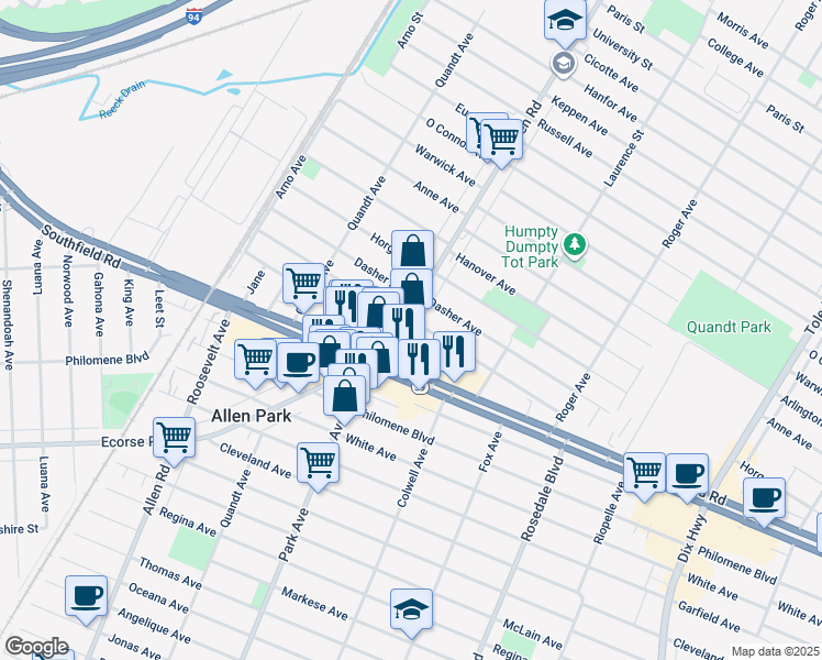 map of restaurants, bars, coffee shops, grocery stores, and more near 955 Allen Road in Allen Park