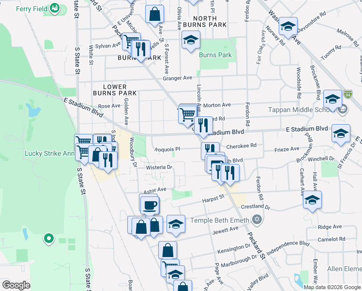 map of restaurants, bars, coffee shops, grocery stores, and more near 1408 Iroquois Place in Ann Arbor