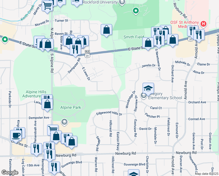 map of restaurants, bars, coffee shops, grocery stores, and more near 4929 Alpine Park Drive in Rockford
