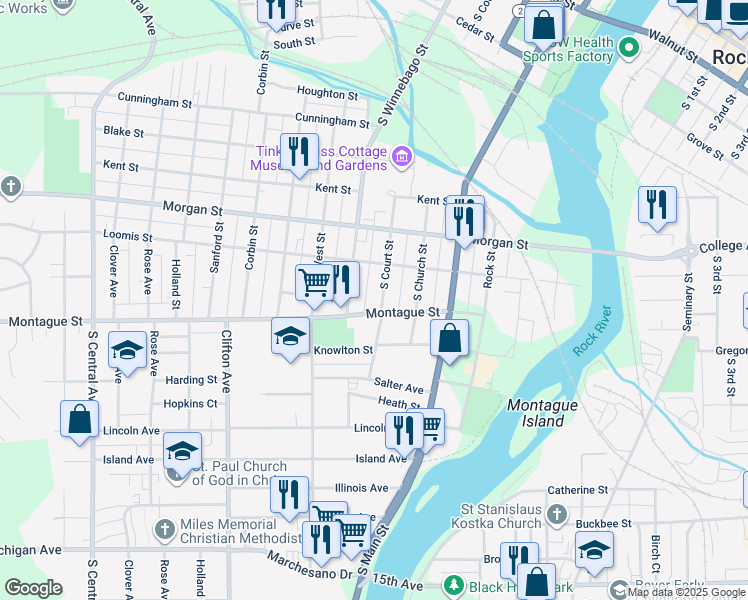 map of restaurants, bars, coffee shops, grocery stores, and more near 518 Montague Street in Rockford