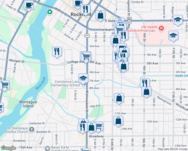 map of restaurants, bars, coffee shops, grocery stores, and more near 720 South 4th Street in Rockford