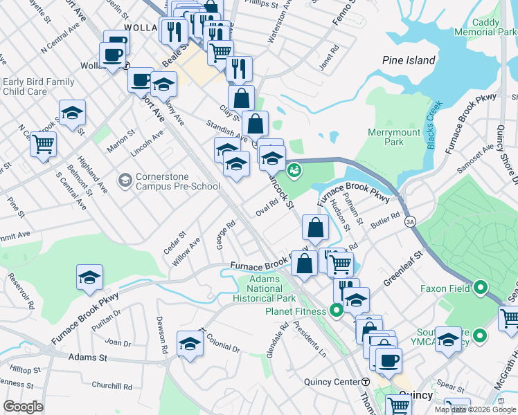 map of restaurants, bars, coffee shops, grocery stores, and more near 29 Gilmore Street in Quincy