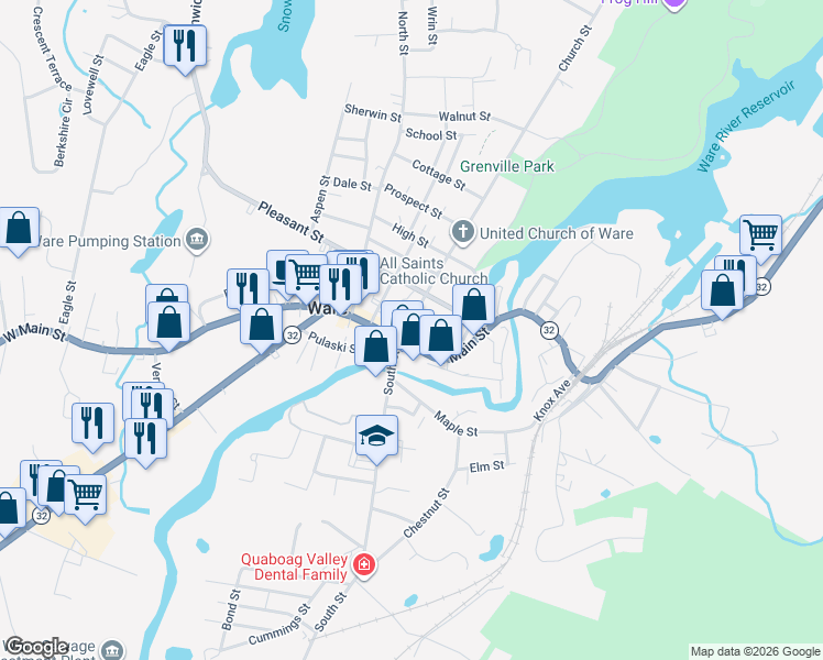 map of restaurants, bars, coffee shops, grocery stores, and more near in Ware