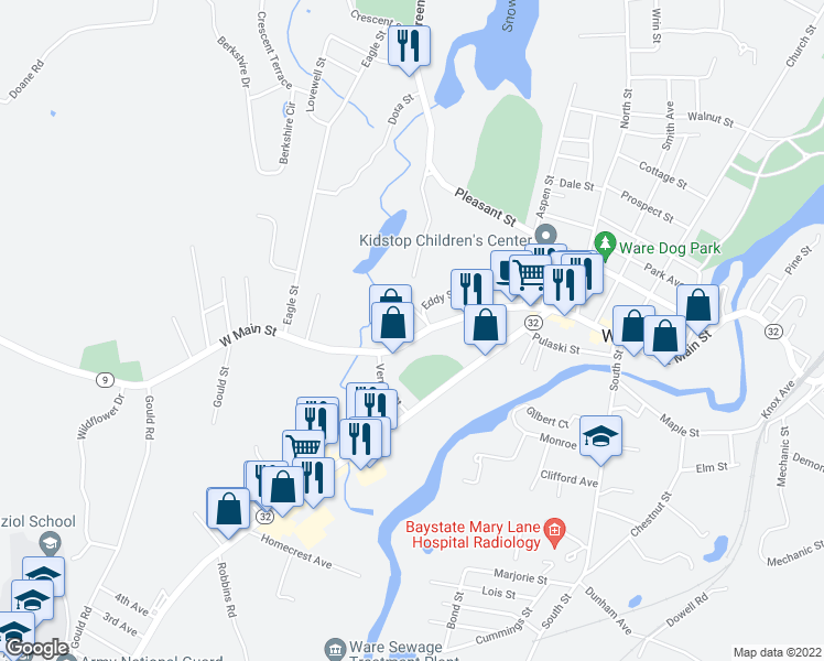 map of restaurants, bars, coffee shops, grocery stores, and more near 79 West Main Street in Ware