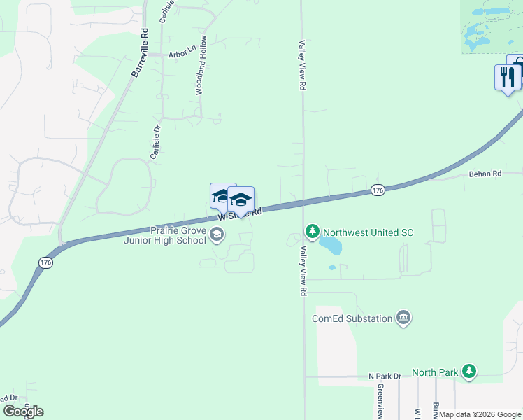 map of restaurants, bars, coffee shops, grocery stores, and more near 3111 Illinois 176 in Crystal Lake