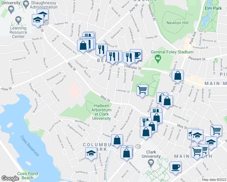 map of restaurants, bars, coffee shops, grocery stores, and more near 273 Lovell Street in Worcester