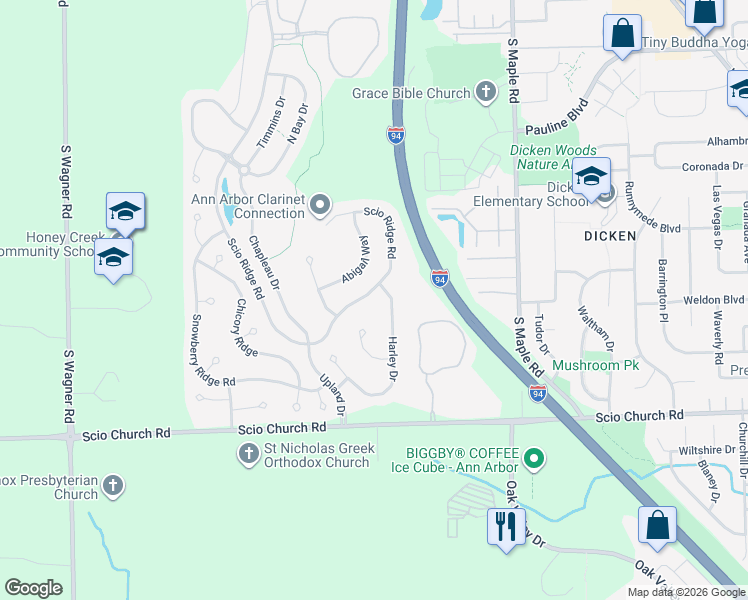 map of restaurants, bars, coffee shops, grocery stores, and more near 1782 Harley Drive in Ann Arbor