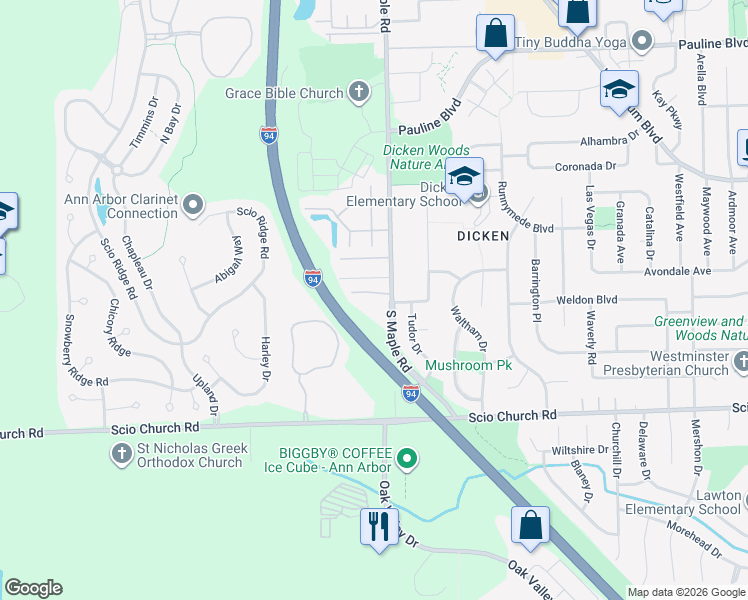 map of restaurants, bars, coffee shops, grocery stores, and more near 2563 Country Village Court in Ann Arbor