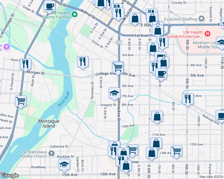 map of restaurants, bars, coffee shops, grocery stores, and more near 526 Catlin Street in Rockford