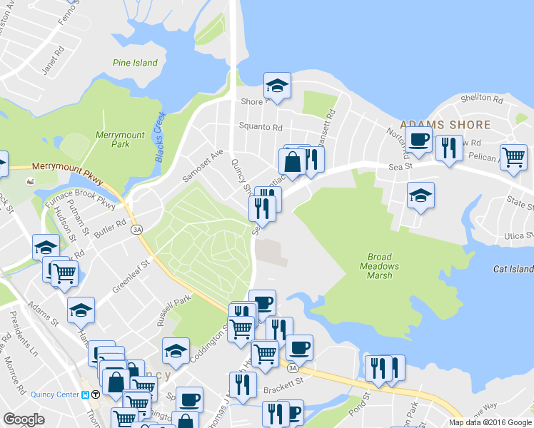 map of restaurants, bars, coffee shops, grocery stores, and more near 123 Sea Street in Quincy