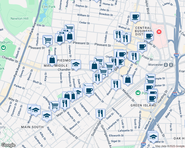 map of restaurants, bars, coffee shops, grocery stores, and more near 30 Wellington Street in Worcester