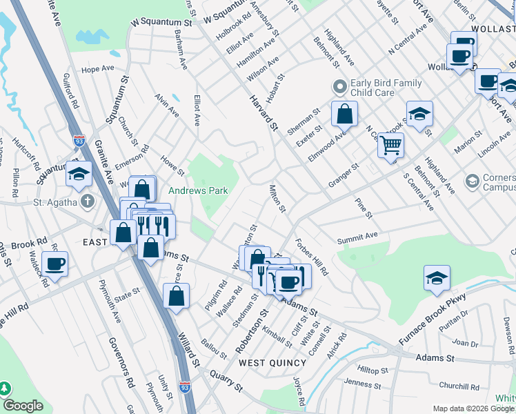 map of restaurants, bars, coffee shops, grocery stores, and more near 78 Washington Street in Milton