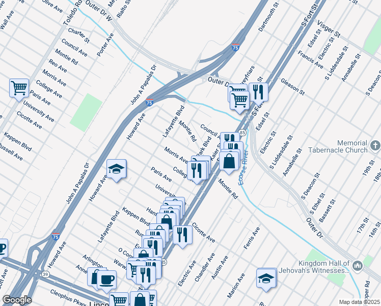 map of restaurants, bars, coffee shops, grocery stores, and more near 1379 Reo Avenue in Lincoln Park