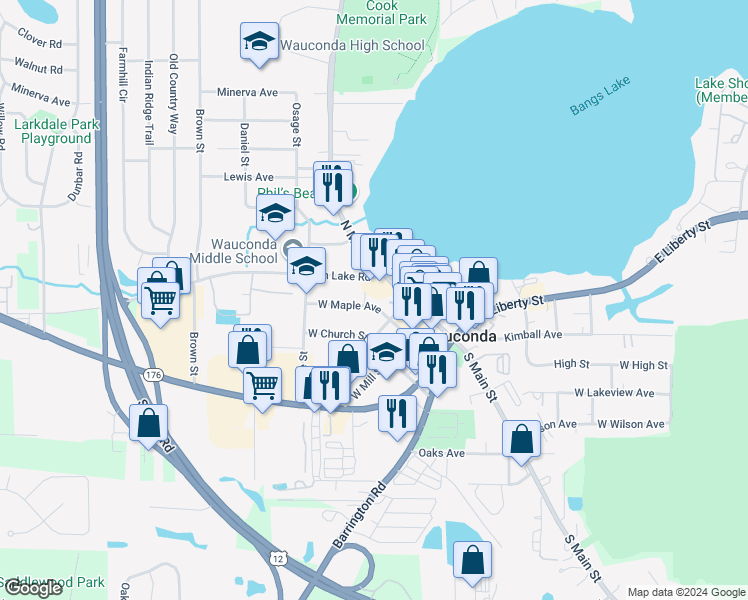 map of restaurants, bars, coffee shops, grocery stores, and more near 117 West Maple Avenue in Wauconda