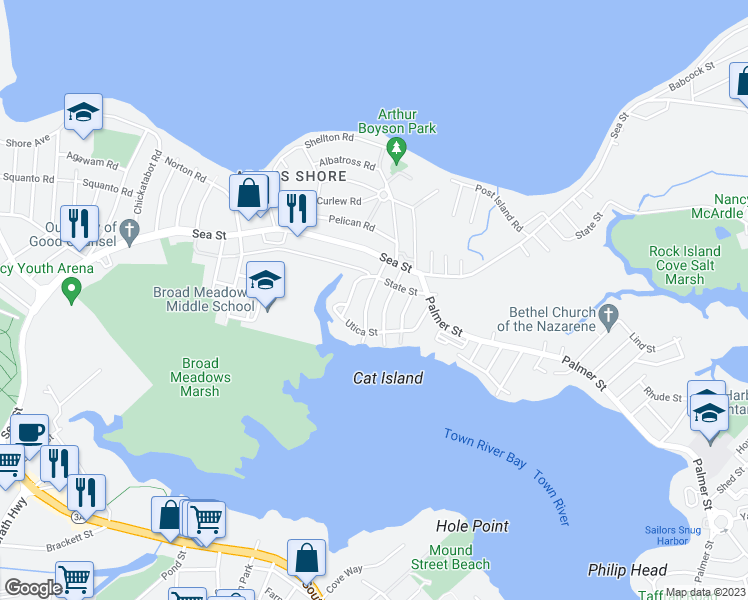 map of restaurants, bars, coffee shops, grocery stores, and more near 38 Braintree Avenue in Quincy