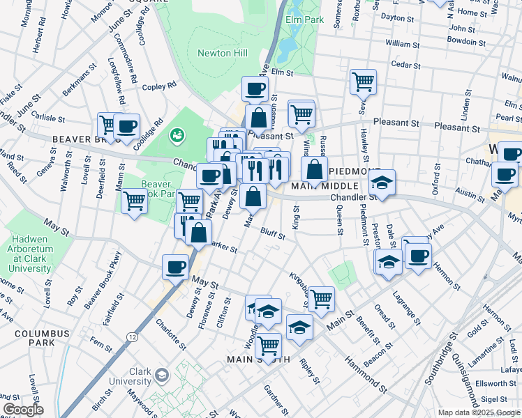 map of restaurants, bars, coffee shops, grocery stores, and more near 10 Bancroft Street in Worcester