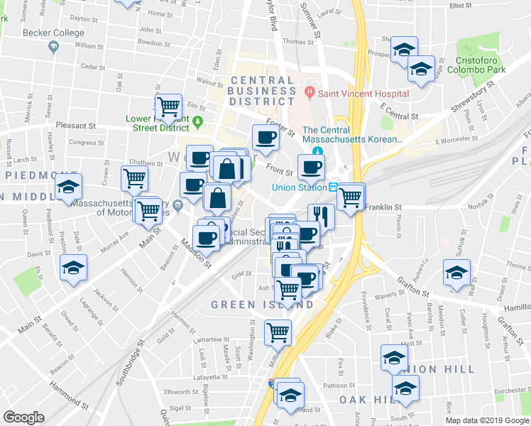 map of restaurants, bars, coffee shops, grocery stores, and more near 2 YWCA Way in Worcester