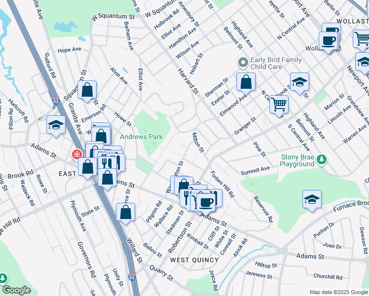 map of restaurants, bars, coffee shops, grocery stores, and more near 78 Washington Street in Milton
