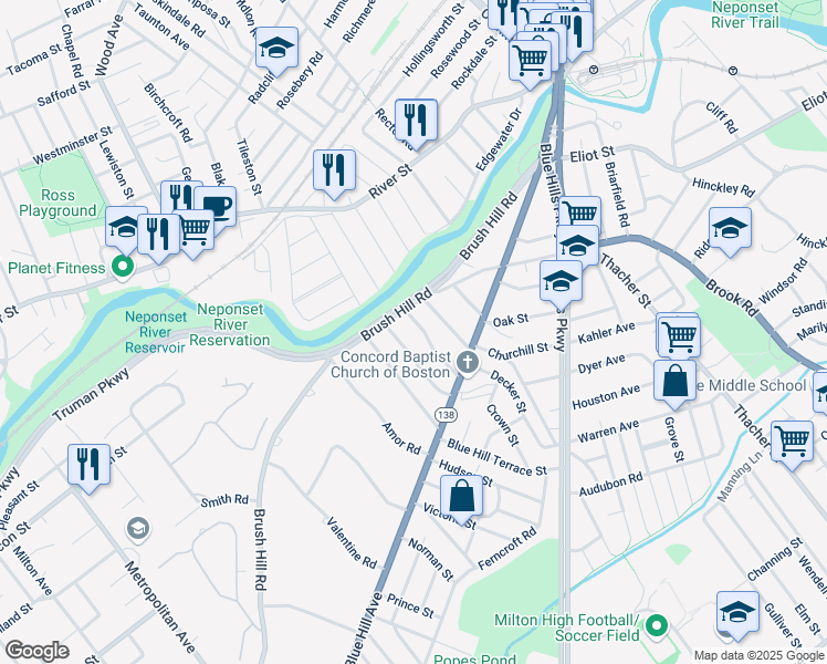 map of restaurants, bars, coffee shops, grocery stores, and more near 25 Concord Avenue in Milton