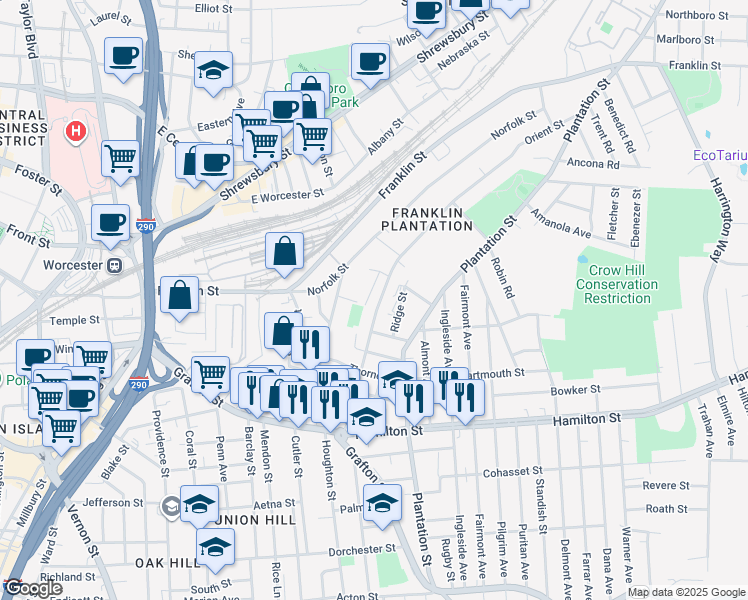 map of restaurants, bars, coffee shops, grocery stores, and more near 51 Orient Street in Worcester