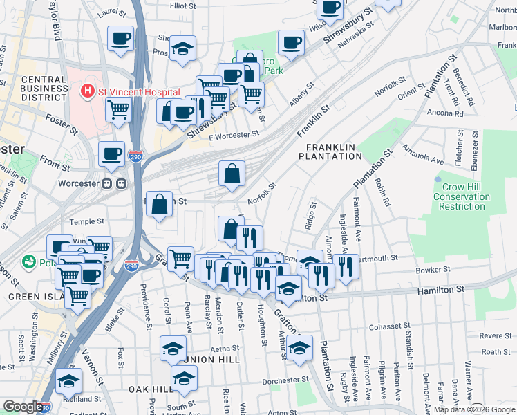 map of restaurants, bars, coffee shops, grocery stores, and more near 60 Wall Street in Worcester