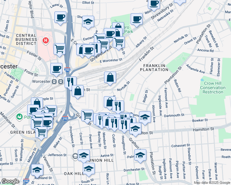map of restaurants, bars, coffee shops, grocery stores, and more near 23 Suffolk Street in Worcester