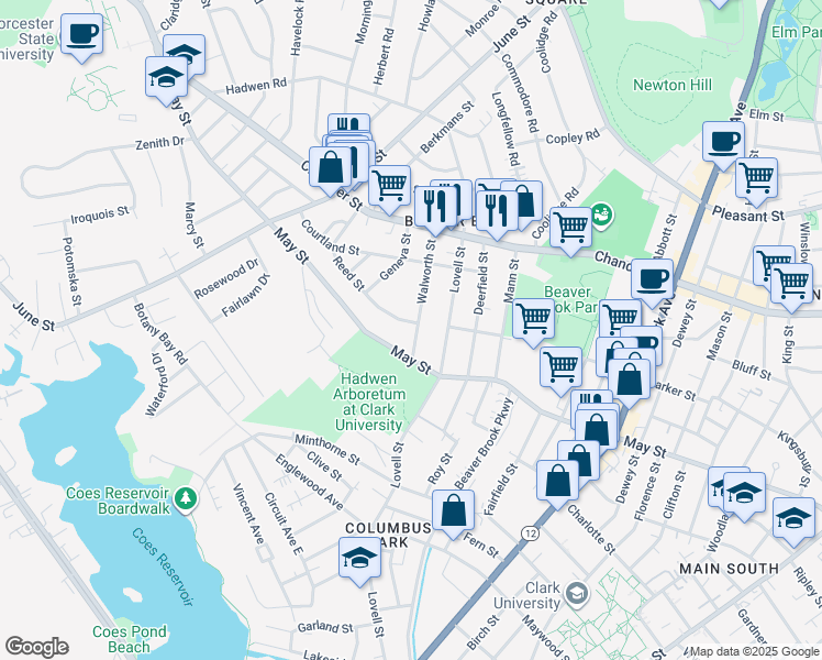 map of restaurants, bars, coffee shops, grocery stores, and more near 63 Walworth Street in Worcester