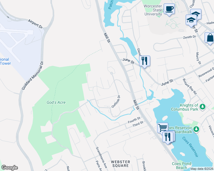 map of restaurants, bars, coffee shops, grocery stores, and more near 43 Swan Avenue in Worcester