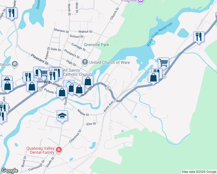 map of restaurants, bars, coffee shops, grocery stores, and more near 25 East Street in Hardwick