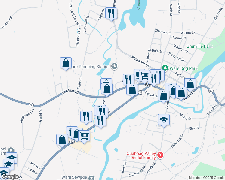 map of restaurants, bars, coffee shops, grocery stores, and more near 88 West Main Street in Ware