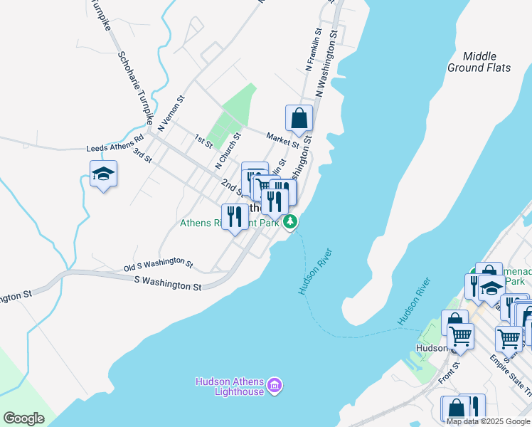 map of restaurants, bars, coffee shops, grocery stores, and more near 5 North Washington Street in Athens