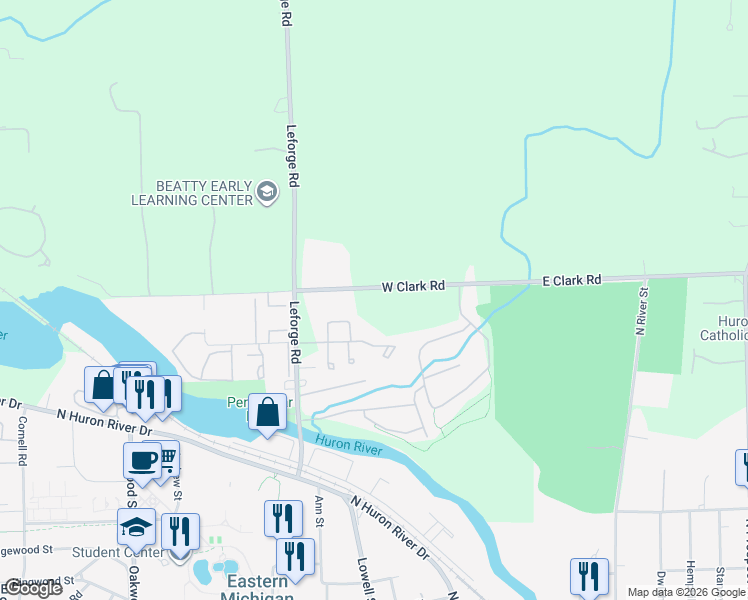 map of restaurants, bars, coffee shops, grocery stores, and more near 525 West Clark Road in Ypsilanti