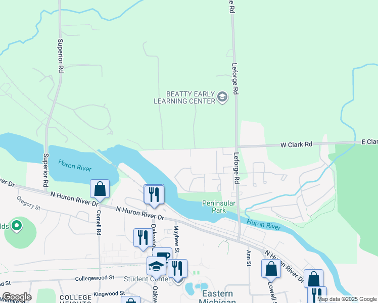 map of restaurants, bars, coffee shops, grocery stores, and more near 853 Green Road in Ypsilanti
