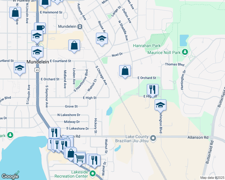 map of restaurants, bars, coffee shops, grocery stores, and more near 155 South Chicago Avenue in Mundelein