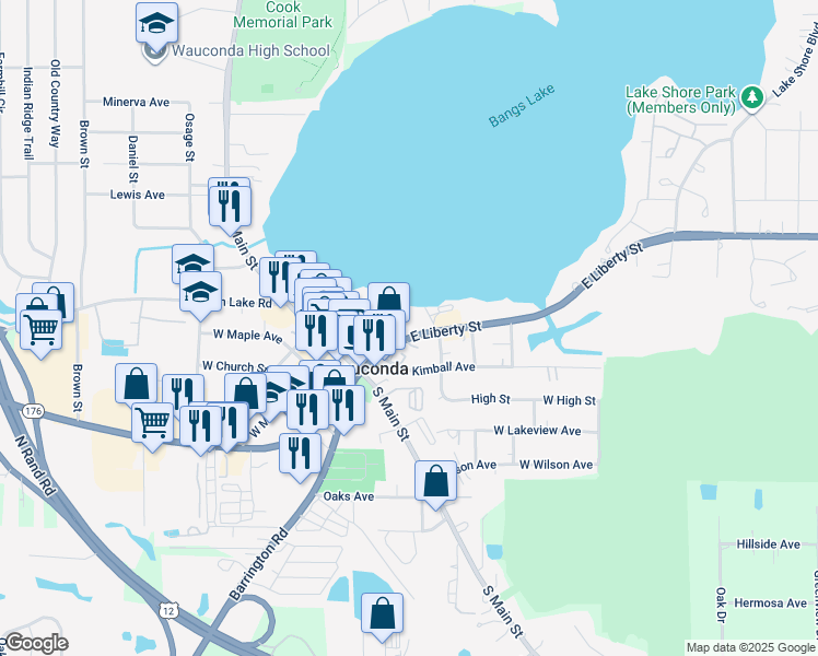 map of restaurants, bars, coffee shops, grocery stores, and more near 222 East Liberty Street in Wauconda