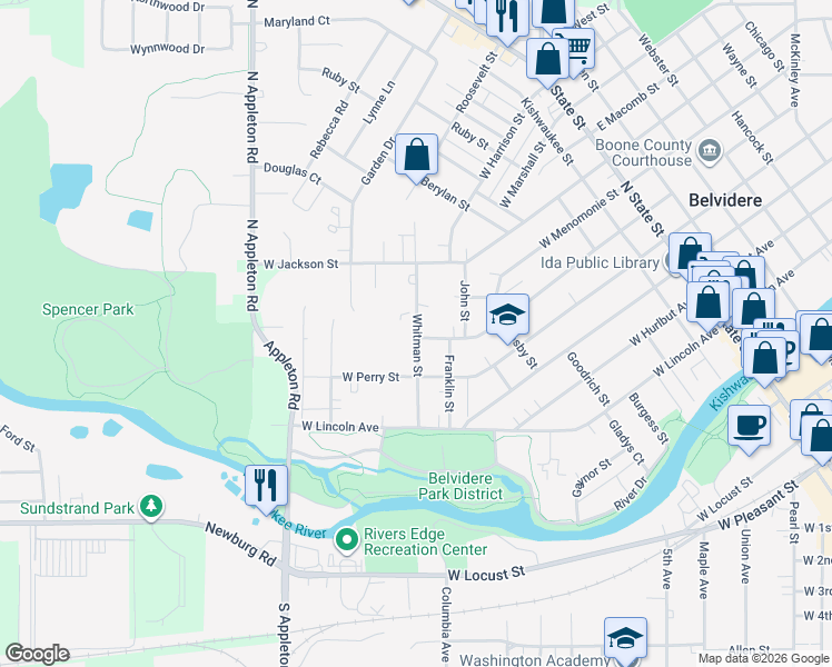 map of restaurants, bars, coffee shops, grocery stores, and more near 510 Franklin Street in Belvidere