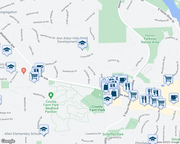 map of restaurants, bars, coffee shops, grocery stores, and more near 1801 Arlington Boulevard in Ann Arbor