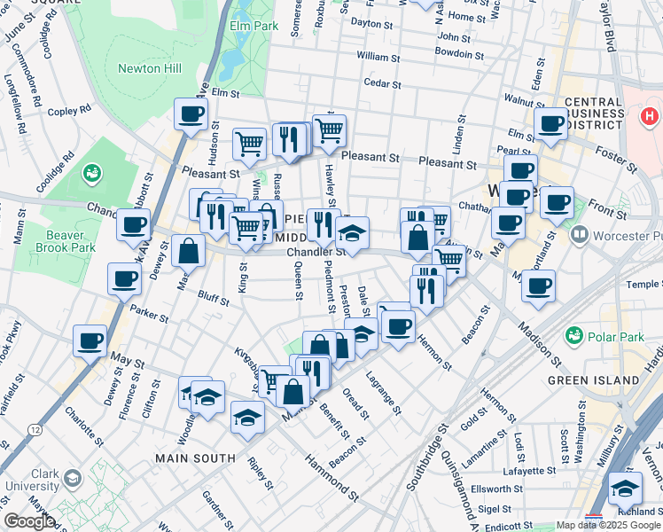 map of restaurants, bars, coffee shops, grocery stores, and more near 128 Chandler Street in Worcester