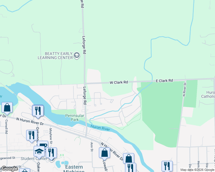 map of restaurants, bars, coffee shops, grocery stores, and more near 525 West Clark Road in Ypsilanti