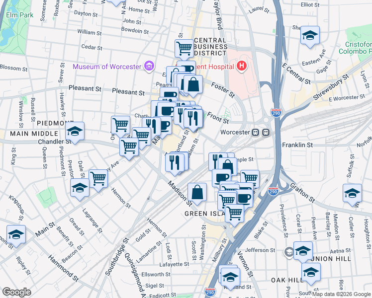 map of restaurants, bars, coffee shops, grocery stores, and more near 26 Portland Street in Worcester