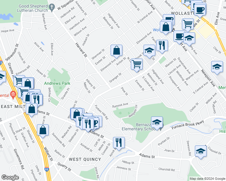 map of restaurants, bars, coffee shops, grocery stores, and more near 354 Beale Street in Quincy