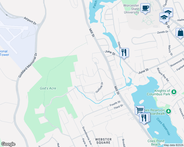 map of restaurants, bars, coffee shops, grocery stores, and more near 43 Swan Avenue in Worcester