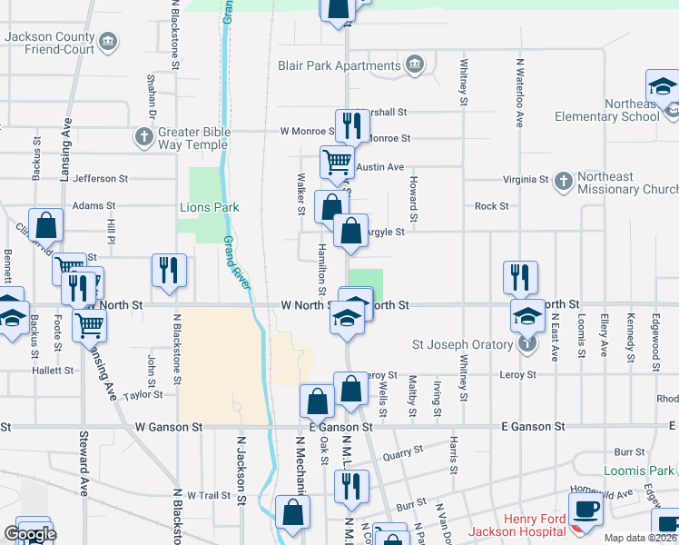map of restaurants, bars, coffee shops, grocery stores, and more near 400 East North Street in Jackson