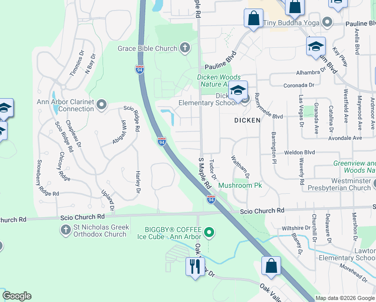 map of restaurants, bars, coffee shops, grocery stores, and more near 2563 Country Village Court in Ann Arbor
