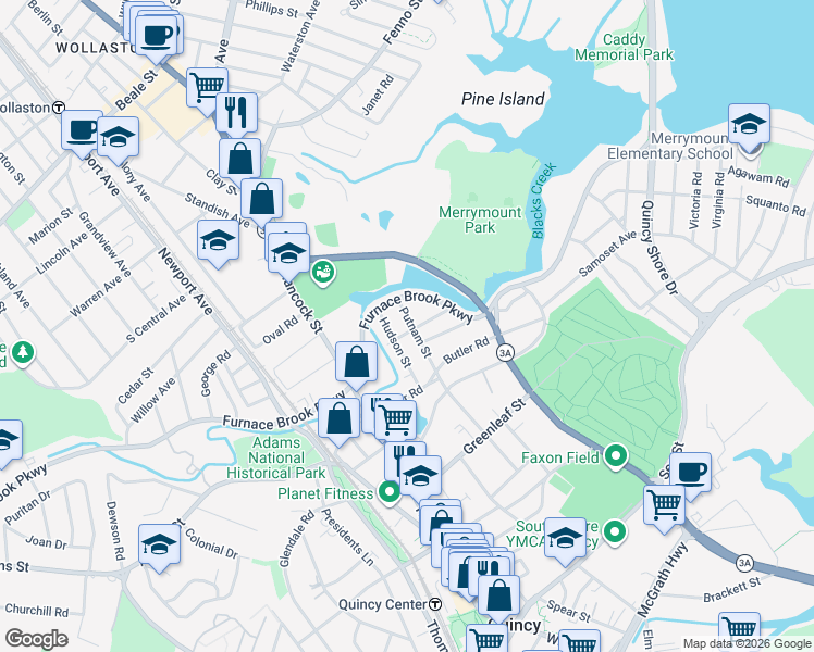 map of restaurants, bars, coffee shops, grocery stores, and more near 26 Armory Street in Quincy