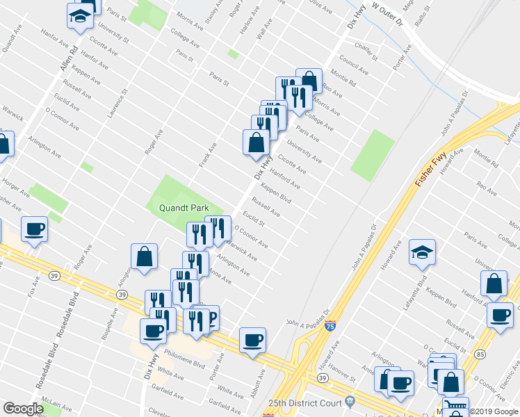 map of restaurants, bars, coffee shops, grocery stores, and more near 1911 Russell Avenue in Lincoln Park