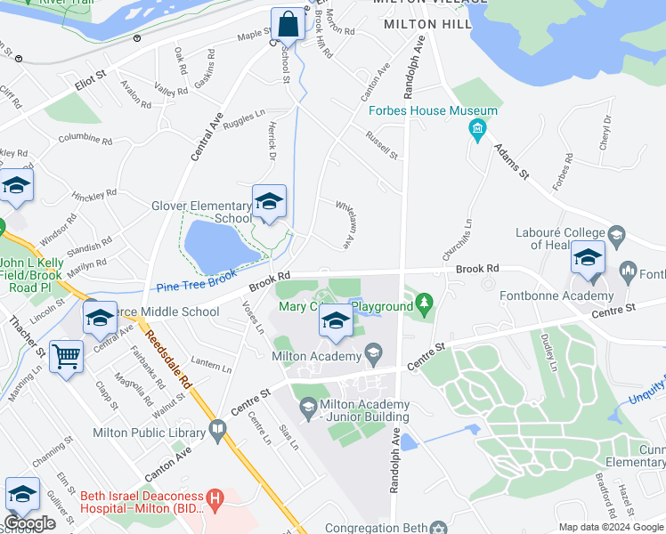 map of restaurants, bars, coffee shops, grocery stores, and more near 670 Brook Road in Milton