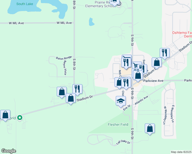 map of restaurants, bars, coffee shops, grocery stores, and more near 6730 Andover Drive in Kalamazoo