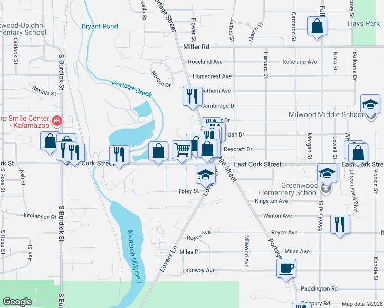 map of restaurants, bars, coffee shops, grocery stores, and more near 922 Pomeroy Street in Kalamazoo
